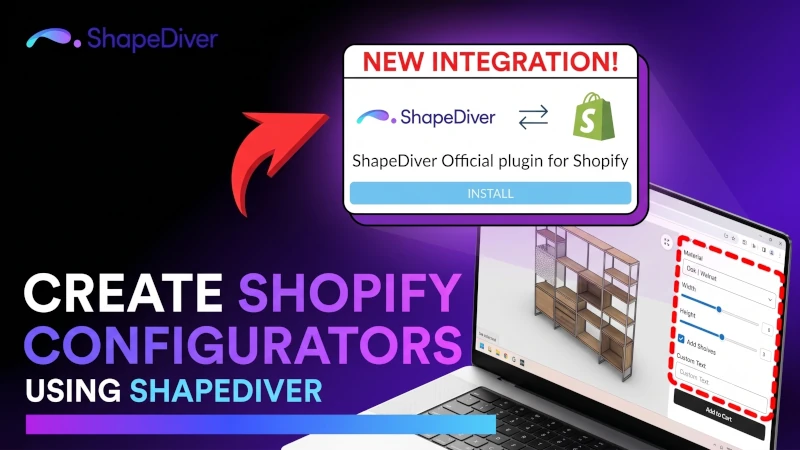 ShapeDiver and Shopify integration graphic showing a product configurator on a laptop